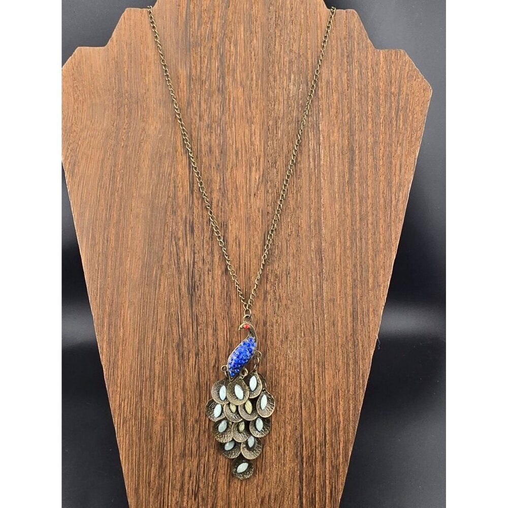 Peacock Pendant Necklace With Bronze Chain & Blue Rhinestones 24" - Picture 3 of 7
